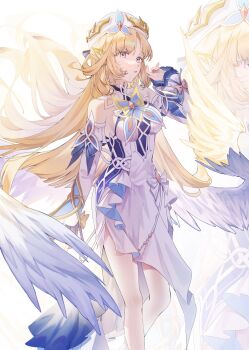 1girl beret blonde_hair blue_nails breasts cross-shaped_pupils detached_sleeves dress feet_out_of_frame genshin_impact hand_up hashtag-only_commentary hat highres long_hair long_sleeves looking_at_viewer multiple_views nail_polish nicole_reeyn senpai0820 sideboob symbol-shaped_pupils white_background white_dress white_hat white_sleeves wings