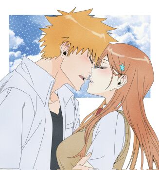 1boy 1girl bleach blue_sky border breasts closed_eyes cloud collarbone hair_ornament hairclip hetero highres inoue_orihime karakura_high_school_uniform kurosaki_ichigo large_breasts light_blush long_hair n_(nauki_11) orange_hair school_uniform short_hair sky snowflake_hair_ornament white_border