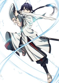 Rule 34 | 1other, ahoge, amenomurakumo-no-tsurugi (fate), androgynous, black hair, bracelet, braid, commentary request, fate/samurai remnant, fate (series), fighting stance, full body, hair intakes, highres, holding, holding sword, holding weapon, japanese clothes, jewelry, long braid, long sleeves, magatama, necklace, sandals, sheath, sheathed, sidelocks, single braid, solo, sword, sword on back, unsheathed, uzura (uzrtamago), weapon, weapon on back, wide sleeves, yamato takeru (fate)