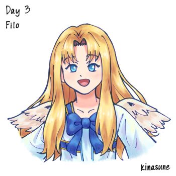 1girl :d artist_name bird_girl bird_wings blonde_hair blue_bow blue_dress blue_eyes bow character_name child collarbone commentary cropped_torso dress english_commentary english_text feathered_wings filo_(tate_no_yuusha_no_nariagari) flat_chest highres kinasune long_hair long_sleeves looking_at_viewer no_sclera open_mouth parted_bangs signature simple_background smile solo straight-on straight_hair tate_no_yuusha_no_nariagari tongue two-tone_dress upper_body white_background white_dress white_wings wings