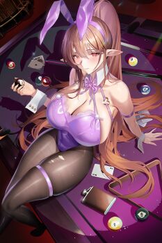 1girl animal_hairband artist_request bad_bilibili_link bad_link belt black_pantyhose blush breasts brown_hair character_request cleavage from_above hand_up highres holding indie_virtual_youtuber indoors large_breasts long_hair looking_at_viewer on_table pantyhose playboy_bunny pointy_ears red_eyes shadow sitting solo table thigh_belt thigh_strap torn_clothes torn_pantyhose wrist_cuffs