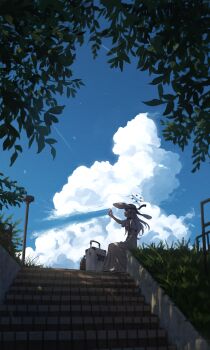Rule 34 | 1girl, absurdres, alternate costume, black halo, blue archive, blue sky, cloud, commentary request, cyansapphire, dappled sunlight, day, distrail, dress, ear piercing, flower, grass, hair flower, hair ornament, halo, hand up, hat, highres, himari (blue archive), lamppost, lens flare, long hair, millennium science school logo, multicolored halo, outdoors, piercing, pointy ears, rolling suitcase, shade, short dress, short sleeves, sitting, sky, solo, stairs, suitcase, sun hat, sunlight, two-tone halo, white hair, white halo, white hat, wide shot