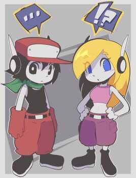 1boy 1girl android belt black_eyes black_hair blonde_hair blue_eyes cargo_pants colored_skin curly_brace doukutsu_monogatari gloves green_scarf grey_skin hands_on_own_hips hat headset highres midriff pants pink_tank_top purple_pants quote_(cave_story) red_gloves red_hat red_pants robot scarf speech_bubble symbol tank_top the_shammah
