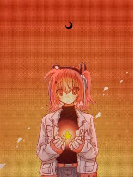 Rule 34 | 1girl, a.i. voice, adachi rei, azunishi (azns 0), black shirt, crescent, dithered background, dithering, glitch, glowing, gradient background, hair between eyes, hair ribbon, hashtag-only commentary, headlamp, jacket, long sleeves, one side up, open clothes, open jacket, orange eyes, orange hair, radio antenna, ribbon, shirt, solo, star (symbol), straight-on, turtleneck, upper body, utau, white jacket, white ribbon