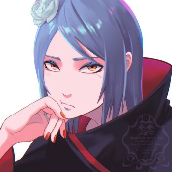1girl akatsuki_uniform black_coat blue_eyeliner blue_hair blush closed_mouth coat eyelashes eyeliner flower hair_flower hair_ornament highres konan_(naruto) long_sleeves looking_at_viewer makeup naruto_(series) naruto_shippuuden orange_eyes piercing red_nails sameccor solo upper_body white_background