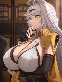 1boy 1girl absurdres arm_under_breasts black_gloves blush breasts bulge censored erection erection_under_clothes fingerless_gloves from_side gloves hair_ornament hand_up highres huge_breasts jacket long_hair mole mole_on_breast parted_lips ruberule solo_focus white_hair yellow_eyes yellow_jacket yixuan_(zenless_zone_zero) zenless_zone_zero