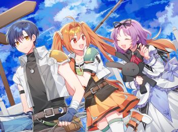 1boy 2girls ahoge arm_cuffs arm_strap armor ascot asymmetrical_bangs belt black_coat black_hair black_ribbon black_sailor_collar black_shirt blue_sky blush boots brown_belt brown_hair brown_pants chinese_commentary closed_eyes closed_mouth cloud cloudy_sky coat commentary_request cowboy_shot cropped_jacket double-parted_bangs dress dutch_angle eiyuu_densetsu estelle_bright fang fanny_pack fishing_rod flat_chest frilled_dress frilled_sleeves frills gem green_vest hair_between_eyes hair_intakes hair_ribbon happy holding holding_stuffed_toy jacket jewelry joshua_bright light_smile long_hair long_sleeves looking_at_another looking_back multicolored_boots multiple_girls necklace o-ring open_clothes open_jacket open_mouth orange_boots orange_eyes orange_skirt pants parted_bangs pauldrons purple_hair red_ascot red_eyes red_gem renne_(eiyuu_densetsu) ribbon road_sign sailor_collar sakuraihum shirt short_hair shoulder_armor sign single_pauldron skirt sky sleeveless sleeveless_jacket smile sora_no_kiseki sora_no_kiseki_sc standing standing_on_one_leg stuffed_animal stuffed_rabbit stuffed_toy sweatdrop thighhighs turtleneck twintails two-tone_boots v-shaped_eyebrows vest waistcoat white_boots white_dress white_jacket white_shirt white_thighhighs wing_collar zettai_ryouiki