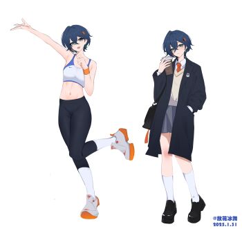 1girl alternate_costume bag bare_shoulders belle_(zenless_zone_zero) black_pants black_shoes blue_eyes blue_hair blue_skirt breasts closed_mouth commentary_request crossed_bangs dated drink earrings full_body guhuabingwu hair_between_eyes hair_ornament hand_in_pocket head_tilt highres holding holding_drink jewelry leg_up letter_hair_ornament looking_at_viewer medium_breasts midriff multiple_views navel necktie open_mouth outstretched_arm pants red_necktie school_bag school_uniform shirt shoes short_hair simple_background skirt smile sneakers socks sports_bra sportswear twitter_username white_background white_shirt white_shoes white_socks white_sports_bra wristband zenless_zone_zero