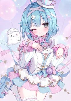 Rule 34 | 1girl, ;p, ahoge, blue bow, blue hair, blue nails, blue shoes, blue skirt, bone hair ornament, bow, cartoon bone, commission, copyright request, cross hair ornament, ghost, grey eyes, hair bow, hair ornament, highres, izumi nanase, long sleeves, looking at viewer, multicolored hair, multicolored nails, nail polish, one eye closed, pink hair, pink nails, pink skirt, pleated skirt, puffy long sleeves, puffy sleeves, shirt, shoes, skeb commission, skirt, sleeves past wrists, solo, thighhighs, tilted headwear, tongue, tongue out, two-tone hair, virtual youtuber, watermark, white shirt, white thighhighs