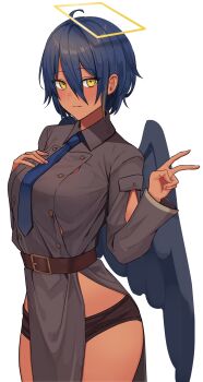 1girl absurdres agame-san_(agamemega) agamemega ahoge belt black_shorts blue_hair blue_necktie buttons dark-skinned_female dark_skin double-breasted grey_jacket hair_between_eyes halo highres jacket looking_at_viewer necktie original pelvic_curtain rectangular_halo short_hair short_shorts shorts side_slit simple_background solo standing v white_background wings yellow_eyes