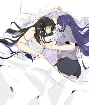 3girls acheron_(honkai:_star_rail) alternate_costume artist_name ass black_hair black_swan_(honkai:_star_rail) blanket breasts commentary cuddling demon_horns demon_tail english_commentary gold_trim hair_spread_out highres honkai:_star_rail honkai_(series) horns long_hair multiple_girls purple_hair seijousai shirt shorts sleeping spaghetti_strap tail the_dahlia_(honkai:_star_rail) very_long_hair white_background white_streaks yuri