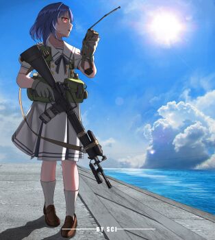 1girl absurdres ammunition_pouch artist_name assault_rifle backlighting blue_sky brown_gloves brown_shoes buttons cable canteen chest_rig cloud collarbone commentary commission double-breasted english_commentary flashlight from_side full_body gloves gun gun_sling highres holding holding_walkie-talkie horizon laser_sight legs lens_flare load_bearing_equipment loafers looking_to_the_side m16 m16a2 magazine_(weapon) muzzle_device neck_ribbon ocean open_mouth orange_eyes original pleated_skirt pouch purple_hair purple_ribbon purple_trim radio_antenna ribbon rifle sailor_collar school_uniform sci_(31134306) shadow shirt shoes short_hair short_sleeves skirt sky socks solo standing sunlight tactical_clothes tape thighs trigger_discipline walkie-talkie water weapon white_shirt white_skirt white_socks