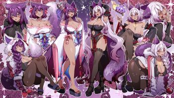1girl all_fours alternate_costume animal_ears armpits arms_behind_head black_bra black_dress black_pantyhose black_sclera black_shirt black_thighhighs blue_eyes bow bra braid braided_ponytail breasts china_dress chinese_clothes cleavage colored_sclera da3iann dark-skinned_female dark_skin dress facial_mark full_body gradient_hair hair_bow high_heels highres huge_breasts indie_virtual_youtuber jacket japanese_clothes kimono legs long_hair looking_at_viewer multicolored_hair naki_okami official_art open_mouth pantyhose purple_hair red_bow reference_sheet sandals shirt short_hair sitting smile standing tail thighhighs thighs underwear virtual_youtuber white_hair white_jacket white_kimono wolf_ears wolf_girl wolf_tail yellow_eyes