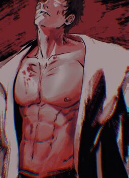 1boy abs bare_pectorals black_hair blood blood_on_chest blood_on_face collarbone highres male_focus momoyoru1 muscular muscular_male naruto_(series) naruto_shippuuden navel nipples open_clothes parted_lips pectorals red_background solo teeth uchiha_obito