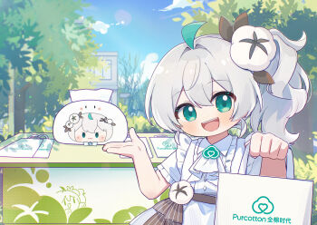 Rule 34 | 1girl, :d, ahoge, apron, bag, blue sky, cloud, commentary request, day, dress, green eyes, green hair, hair between eyes, hair ornament, highres, holding, holding bag, long hair, looking at viewer, open mouth, outdoors, plant, quanmian shidai, shop, shopping bag, short sleeves, side ponytail, sky, smile, solo, teeth, toilet paper, tree, wen xiaomian, wenxiaomian family, white dress, white hair