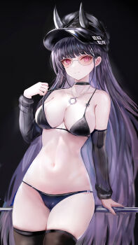 1girl absurdres against_railing age_fx arm_support azur_lane bikini black_bikini black_bra black_choker black_hair bra breasts choker cleavage demon_horns detached_sleeves hand_up highres hip_focus horns horns_through_headwear jewelry leaning_back long_hair medium_breasts navel necklace noshiro_(azur_lane) noshiro_(dressed-up_date)_(azur_lane) oni pale_skin pink_eyes print_bikini print_bra pulling_own_clothes railing sakura_empire_(emblem) skindentation smile solo standing stomach strap_pull sunglasses swimsuit teasing thigh_gap thighhighs thighs underwear underwear_only very_long_hair
