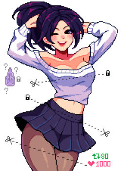 1girl arms_up artist_self-insert black_eyes blush breasts cowboy_shot high_ponytail highres long_hair looking_at_viewer medium_breasts midriff navel off-shoulder_sweater off_shoulder one_eye_closed open_mouth padlock_symbol pantyhose pixel_art pleated_skirt ponytail purple_hair scissors simple_background skirt solo sweater twitter_cutting_game twitter_strip_game white_background yumykon yumykon_(yumykon) yumyverse