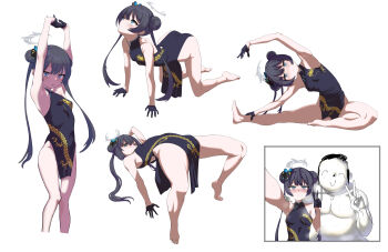 1boy 1girl absurdres all_fours armpits arms_up doodle_sensei_(blue_archive) bare_legs barefoot black_dress black_gloves blue_archive blue_eyes butterfly_hair_ornament china_dress chinese_clothes commentary_request covered_navel double_bun dragon_print dress etoast exercising gloves hair_bun hair_ornament halo highres kisaki_(blue_archive) looking_at_viewer looking_up multiple_views pelvic_curtain print_dress selfie sensei_(blue_archive) simple_background sleeveless sleeveless_dress standing thighs twintails v white_background