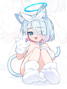 1girl :d animal_ear_fluff animal_ears animal_hands arona_(blue_archive) blue_archive blue_eyes blue_hair blue_halo blue_pupils blush bow_hairband braid cat_ears cat_girl cat_paws cat_tail choker claw_pose collarbone colored_inner_hair completely_nude eyes_visible_through_hair fang flat_chest full_body gloves hair_over_one_eye hair_ribbon hairband halo hand_on_own_knee hand_up kemonomimi_mode knees_up light_blue_hair loli looking_at_viewer multicolored_hair needle_(574187457) nude open_mouth paw_gloves paw_shoes pink_hair ribbon short_hair side_braid simple_background single_braid sitting smile socks solo tail two-tone_hair white_background white_choker white_gloves white_hairband