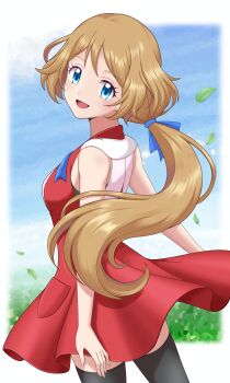 1girl absurdres alternate_hairstyle black_thighhighs blue_eyes blue_ribbon blush breasts brown_hair commentary_request dress hair_between_eyes highres long_hair looking_at_viewer looking_back medium_breasts nintendo open_mouth pokemon pokemon_(anime) pokemon_xy ribbon serena_(pokemon) sleeveless sleeveless_dress smile solo thighhighs very_long_hair zeki231
