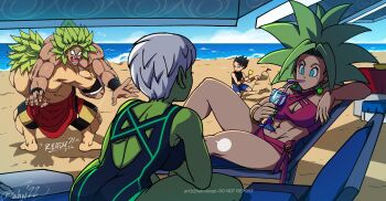... 2girls 3boys ? abs alternate_costume ass back_cutout bahnloopi beach blonde_hair blue_eyes bracelet breasts broly_(dragon_ball_super) broly_(dragon_ball_z) cabba carrying chair cheelai cleavage_cutout clothing_cutout talking cooler cup dark-skinned_male dark_skin dragon_ball dragon_ball_super dragonball_z drinking_glass drinking_straw earrings english_text flag green_hair highres jewelry kefla_(dragon_ball) kneeling large_breasts looking_at_another looking_to_the_side multiple_boys multiple_girls muscular muscular_female muscular_male nails ocean plate potara_earrings sand sand_castle sand_sculpture scared shovel sitting squatting straw swimsuit table umbrella water white_hair wine_glass