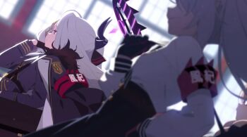 Rule 34 | 3girls, ahoge, armband, black coat, black gloves, black halo, blue archive, breasts, chinatsu (blue archive), coat, coat on shoulders, demon girl, demon horns, game cg, glasses, gloves, grey hair, halo, highres, hina (blue archive), horns, indoors, iori (blue archive), long hair, looking to the side, multiple girls, non-web source, official art, orange hair, prefect team (blue archive), red armband, school uniform, small breasts, standing, twintails, very long hair, white hair