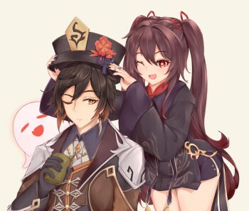 1boy 1girl :| black_gloves black_hair black_nails black_shorts boo_tao_(genshin_impact) brown_hair chinese_clothes closed_mouth coat coattails collared_coat collared_shirt colored_tips commentary cup diamond-shaped_pupils diamond_(shape) earrings english_commentary eyeliner eyeshadow flower flower-shaped_pupils formal_clothes genshin_impact ghost gloves gradient_hair hair_between_eyes hat hat_flower hat_ornament highres holding holding_cup holding_unworn_clothes holding_unworn_hat hu_tao_(genshin_impact) jacket jewelry kyl490 long_hair long_sleeves makeup multicolored_hair multiple_rings nail_polish necktie one_eye_closed open_mouth plum_blossoms porkpie_hat red_eyes red_eyeshadow red_shirt ring shirt shorts sidelocks single_earring smile star-shaped_pupils star_(symbol) suit symbol-shaped_pupils tailcoat tassel tassel_earrings twintails unworn_hat unworn_headwear vest white_necktie yellow_eyes zhongli_(genshin_impact)