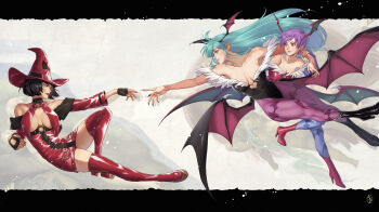 3girls animal_print aqua_hair bare_shoulders bat_print black_hair black_leotard blue_pantyhose boots breast_curtains breasts crossover demon_girl demon_wings dress fine_art_parody fingerless_gloves fingernails gloves guilty_gear hat head_wings highres i-no irene_koh large_breasts latex latex_dress leotard lilith_(darkstalkers) long_fingernails long_hair morrigan_aensland multiple_girls pantyhose parody purple_hair purple_pantyhose red_dress red_eyes red_footwear red_headwear red_lips short_dress short_hair small_breasts the_creation_of_adam thigh_boots darkstalkers wings witch_hat