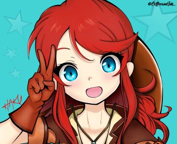 Rule 34 | absurdres, blue background, blush, brown gloves, cowboy hat, cowboy western, gemini sunrise, gloves, hakuink, hat, highres, jacket, looking at viewer, open mouth, orange jacket, ponytail, red hair, sakura taisen, sakura taisen v, sidelocks, star (symbol), v