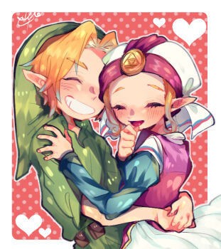 1boy 1girl blonde_hair blush border closed_eyes couple dress elf green_hat green_tunic hand_on_another&#039;s_shoulder hand_on_own_chin happy hat heart hug juliet_sleeves laughing link long_sleeves nintendo non-web_source pink_dress pink_hat pointy_ears polka_dot polka_dot_background princess_zelda puffy_sleeves red_background repikinoko simple_background smile the_legend_of_zelda the_legend_of_zelda:_ocarina_of_time tunic two-tone_dress upper_body white_border young_link young_zelda