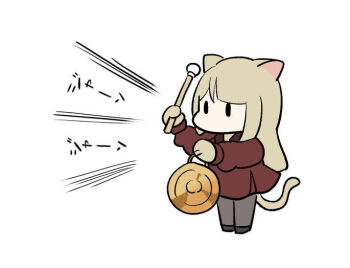1girl animal_ears animal_hands assault_lily black_shoes blonde_hair brown_pantyhose brown_sailor_collar cat_ears cat_girl cat_paws cat_tail chibi full_body gong hands_up holding holding_instrument instrument kabayaki_(kabayaki_eel) kanba_girls_high_school_uniform kemonomimi_mode long_hair looking_ahead mallet_(instrument) miniskirt miyagawa_takane no_mouth outstretched_arm pantyhose red_shirt red_skirt sailor_collar school_uniform serafuku shirt shoes simple_background skirt solid_oval_eyes solo standing tail translated white_background