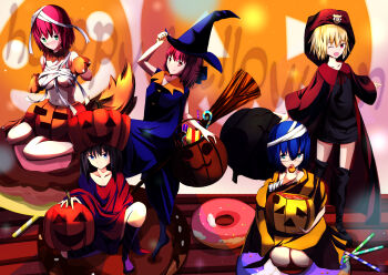 Rule 34 | 5girls, alternate costume, arcueid brunestud, black dress, blonde hair, blue dress, ciel (tsukihime), donut, dress, duster, food, fruit punch (drink), green eyes, halloween, halloween bucket, halloween costume, happy halloween, hat, highres, hisui (tsukihime), jack-o'-lantern, kishishi (kishiman-ya), kohaku (tsukihime), multiple girls, mummy costume, neco-arc, neco spirit, pumpkin, pumpkin hat, pumpkin skirt, red dress, red eyes, red hair, short hair, short sleeves, siblings, sisters, tohno akiha, tsukihime, tsukihime (remake), twins, vampire, witch, witch hat