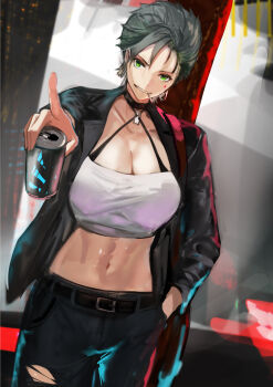 Rule 34 | 1girl, absurdres, breasts, can, cigarette, cleavage, crop top, facial mark, green eyes, grey hair, hand in pocket, highres, holding, holding can, jacket, jikihatiman, large breasts, midriff, navel, open clothes, open jacket, original, pants, pointing, short hair, solo, standing