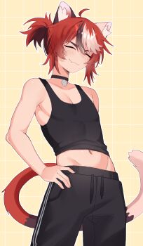 1boy :3 absurdres ahoge animal_ear_fluff animal_ears bare_arms bare_shoulders black_choker black_hair black_pants black_tank_top breasts cat_boy cat_ears cat_tail choker cleavage closed_eyes commentary cowboy_shot double_vertical_stripe drawstring english_commentary fang fang_out freckles genderswap genderswap_(ftm) grid_background groin hair_between_eyes hand_on_own_hip highres ivy_(nyaivie) male_focus midriff multicolored_hair navel nyaivie original outline pants pectorals ponytail red_hair short_ponytail simple_background skin_fang smile solo streaked_hair tail tank_top white_hair white_outline yellow_background