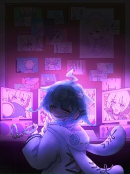 1girl ahoge backlighting blue_hair bulletin_board commentary_request cuffs dark_room evil_smile half-closed_eyes handcuff_dangle handcuffs highres holding holding_handcuffs hololive hololive_dev_is hood hooded_jacket jacket lightning_ahoge looking_at_viewer mizumiya_su mizumiya_su_(1st_costume) monitor multiple_monitors photo_(object) smile todoroki_hajime todoroki_hajime_(1st_costume) torii_yukimasa virtual_youtuber white_jacket yandere