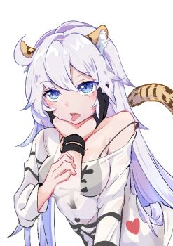 Rule 34 | 2girls, ahoge, animal ears, black bra, blue eyes, bra, breasts, chinese zodiac, commentary request, fake animal ears, female pov, honkai (series), honkai impact 3rd, kiana kaslana, large breasts, long hair, looking at viewer, multiple girls, ning jimu, open mouth, pov, raiden mei, see-through clothes, see-through shirt, shirt, simple background, solo focus, tail, tiger ears, tiger tail, tongue, tongue out, underwear, white background, white hair, white shirt, year of the tiger, yuri