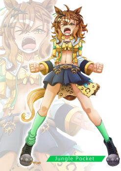 Rule 34 | ahoge, animal ears, bandeau, belt, black boots, blue skirt, blush, boots, braid, breasts, brown belt, brown hair, character name, commentary request, earrings, full body, green socks, hair between eyes, hair ornament, hairclip, half up braid, half up half down braid, horse ears, horse girl, horse tail, jacket, jewelry, jungle pocket (champion's battle cry) (umamusume), jungle pocket (umamusume), konsu (konsu1182da), long sleeves, looking at viewer, medium hair, navel, notched ear, one eye closed, open clothes, open mouth, pleated skirt, shouting, simple background, single loose sock, skirt, socks, suspender skirt, suspenders, tail, teeth, umamusume, white background, yellow bandeau, yellow eyes, yellow jacket, zoom layer