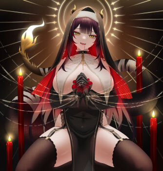 1girl absurdres bare_shoulders black_choker black_gloves black_hair black_veil breast_curtains breasts brown_thighhighs candle choker colored_inner_hair covered_navel eyeshadow garter_belt gfpebs gloves highres horns large_breasts long_hair long_sleeves looking_at_viewer makeup multicolored_hair no_panties open_mouth original own_hands_clasped own_hands_together pelvic_curtain red_hair sitting smile solo spread_legs tail thighhighs veil yellow_eyes