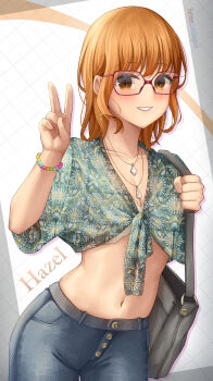 Rule 34 | 1girl, absurdres, artist name, bag, blue pants, blush, bracelet, breasts, brown eyes, character name, cleavage, collarbone, cowboy shot, crop top, denim, earrings, floral print, front-tie top, glasses, green shirt, grin, hand up, handbag, highres, jeans, jewelry, long hair, looking at viewer, lori hagami, medium breasts, medium hair, midriff, navel, necklace, orange eyes, orange hair, original, pants, parted lips, red-framed eyewear, shirt, shoulder bag, smile, solo, standing, stomach, tied shirt, twitter username, underboob, v