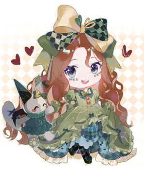 Rule 34 | 1girl, absurdres, argyle background, argyle bow, argyle clothes, argyle dress, black pantyhose, black shoes, blue eyes, border, bow, bow legwear, bowtie, brown hair, chibi, crimson rhapsody (infinity nikki), dress, esseling (infinity nikki), eyelashes, facepaint, felispirit sack (infinity nikki), footwear bow, frilled dress, frilled wrist cuffs, frills, gloves, gown, green bow, green bowtie, green dress, green gloves, green ribbon, green wrist cuffs, hair between eyes, hair bow, hair ribbon, happy, heart, highres, hime lolita, holding hands, infinity nikki, large bow, light blush, lolita fashion, long hair, looking at creature, multiple hair bows, nikki (series), official alternate color, open mouth, outside border, pantyhose, puffy short sleeves, puffy sleeves, ribbon, shoes, short sleeves, skirt hold, smile, solo, teeth, two-tone background, two-tone bow, two-tone bowtie, two-tone ribbon, upper teeth only, very long hair, wavy hair, white background, white border, white bow, white bowtie, white pantyhose, wrist cuffs, yellow background, yellow bow, yellow ribbon, yutoutoutoutoutou