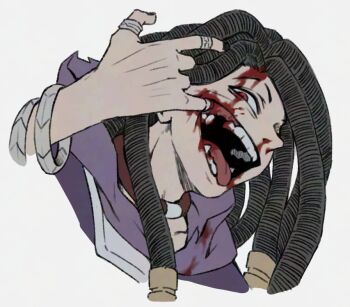 1boy blood blood_on_clothes blood_on_face bracelet brown_hair choker dreadlocks gachiakuta jabber_wonger jewelry long_hair missing_tooth open_mouth red_choker red_eyes simple_background smile solo teo_(teorekka) white_background