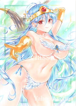 Rule 34 | 1girl, aqua background, arm behind head, at classics, bikini, bikini day, blue gem, blue hair, breasts, circlet, cleavage, commentary request, cowboy shot, divine bikini, dragon quest, dragon quest iii, earrings, elbow gloves, gem, gloves, gluteal fold, gold circlet, holding, holding staff, jewelry, large breasts, long hair, looking at viewer, midriff, navel, pointing, pointing at viewer, red eyes, red gem, sage (dq3), sample watermark, sideboob, smile, solo, staff, stud earrings, swimsuit, traditional media, underboob, watermark, white bikini, yellow gloves
