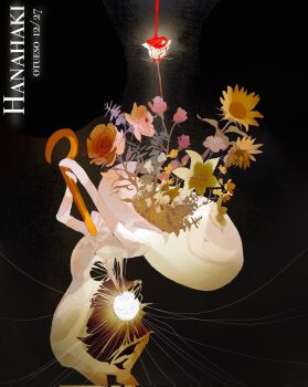 1girl arthropod_girl artist_name bodysuit everbloom_(hollow_knight) flower glowing_flower highres holding holding_weapon hollow_knight hollow_knight:_silksong impaled lace_(hollow_knight) otueso pin_(hollow_knight) pink_flower silk solo sunflower tulip weapon white_bodysuit