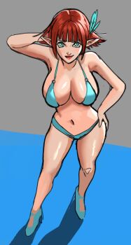 1girl arm_behind_head bikini breasts cleavage elf elvaan feather_hair_ornament feathers final_fantasy final_fantasy_xi green_eyes hair_ornament hand_on_own_hip large_breasts lilisette_illderthane_(lilisettexiv) looking_at_viewer midriff navel pointy_ears red_hair short_hair simple_background sunbeam_(artist) swimsuit