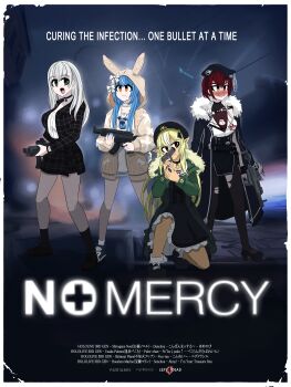 Rule 34 | 4girls, absurdres, beret, black choker, black dress, black footwear, black hat, black jacket, black pantyhose, black skirt, blonde hair, blue hair, brown jacket, brown pantyhose, choker, closed mouth, dress, elf, full body, green eyes, green jacket, hat, heterochromia, highres, hololive, hololive fantasy, hood, hood up, hooded jacket, houshou marine, houshou marine (businesswoman), jacket, left 4 dead, long hair, looking at viewer, multiple girls, on one knee, open mouth, orange eyes, pantyhose, pazitalron, pleated skirt, pointy ears, red eyes, red hair, shiranui flare, shiranui flare (street), shirogane noel, shirt, shoes, short hair, skirt, smile, usada pekora, usada pekora (casual), virtual youtuber, white hair, white shirt, yellow eyes