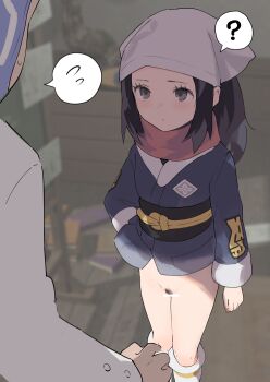 1boy 1girl ? akari_(pokemon) bar_censor black_hair blush bottomless censored closed_mouth commentary_request exhibitionism eyelashes female_pubic_hair grey_eyes grey_jacket headscarf jacket knees professor_laventon logo long_hair loose_socks mind_control nintendo pokemon pokemon_legends:_arceus ponytail pubic_hair public_indecency samidare_(hoshi) sidelocks socks spoken_question_mark spoken_sweatdrop standing sweatdrop white_headscarf white_headwear white_legwear