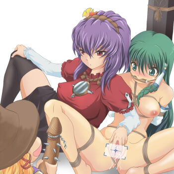 3girls against_wall arms_behind_back bad_id bad_pixiv_id bare_shoulders barefoot bdsm bit_gag black_thighhighs blonde_hair blush bondage bored bound bound_arms bound_legs braid breast_bondage breasts censored clitoris covered_erect_nipples crosshair detached_sleeves dildo expressionless feet female_focus fingernails frog frog_hair_ornament frogtie gag gagged green_eyes green_hair hair_between_eyes hair_ornament hair_tubes hand_on_own_knee hat holding jewelry kochiya_sanae leaning_back legs long_hair long_sleeves looking_at_another mirror moriya_suwako multiple_girls nipples novelty_censor open_mouth pain pendant pole puffy_sleeves purple_hair pussy pussy_juice red_eyes red_shirt rope scared sex_toy sexual_coaching shadow shiny_skin shirt short_hair simple_background single_braid sitting skindentation skirt smile spiked_dildo spread_legs spread_pussy thighhighs thighs touhou wancozow white_background wood bad_tag yasaka_kanako yuri zettai_ryouiki