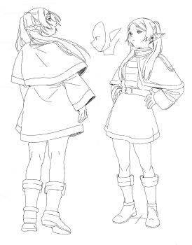 Rule 34 | 1girl, absurdres, belt, belt buckle, boots, buckle, capelet, closed mouth, earrings, elf, frieren, full body, greyscale, hair over shoulder, hands on own hips, highres, jewelry, lineart, long hair, looking at viewer, monochrome, multiple views, parted bangs, pointy ears, shirt, sketch, skirt, solo, sousou no frieren, standing, striped clothes, striped shirt, thick eyebrows, toxic (toxicv), twintails, white background