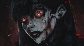 1girl absurdres black_hair black_lips blood blood_on_face bright_pupils brown_background colored_skin cracked_skin embers grey_skin hashtag-only_commentary highres lips long_hair looking_down nose original parted_lips portrait red_eyes solo surprised symbol-shaped_pupils textless_version titanartx white_pupils wide-eyed