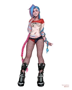 1girl arm_tattoo asymmetrical_bangs belt black_belt black_footwear black_shorts blue_hair braid cloud_tattoo cosplay dc_comics fishnet_pantyhose fishnets grin harley_quinn harley_quinn_(cosplay) heart heart_tattoo highres jinx_(league_of_legends) kenapplepi league_of_legends multicolored_hair navel pantyhose pink_hair red_shirt red_shorts shirt shorts simple_background smile solo stomach_tattoo suicide_squad tattoo teeth torn_clothes torn_shirt twin_braids twintails two-tone_hair white_background